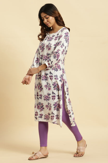 Ecru Relaxed Fit Straight Kurta with Purple Floral Print - wforwoman