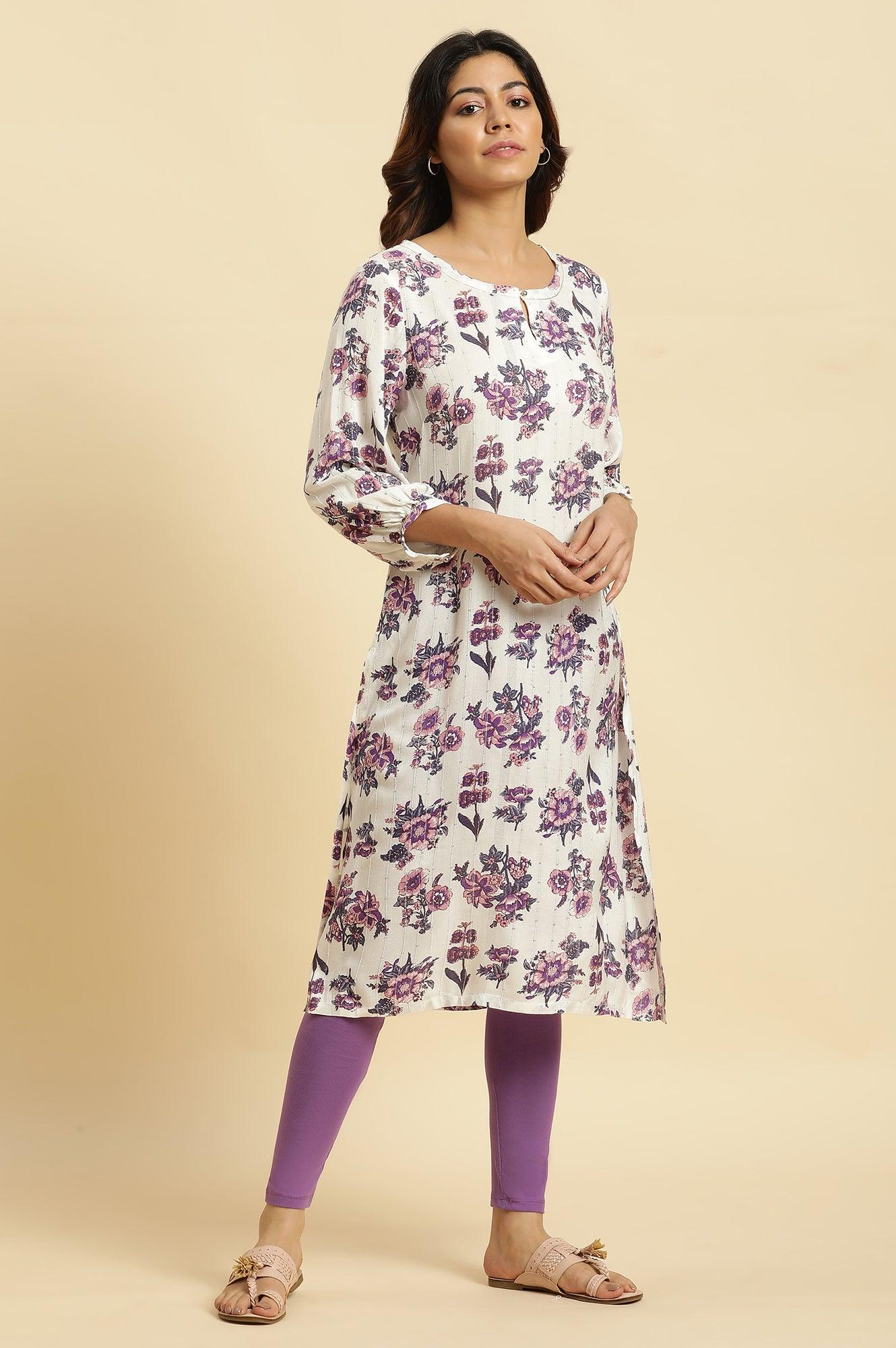 Ecru Relaxed Fit Straight Kurta With Purple Floral Print - wforwoman
