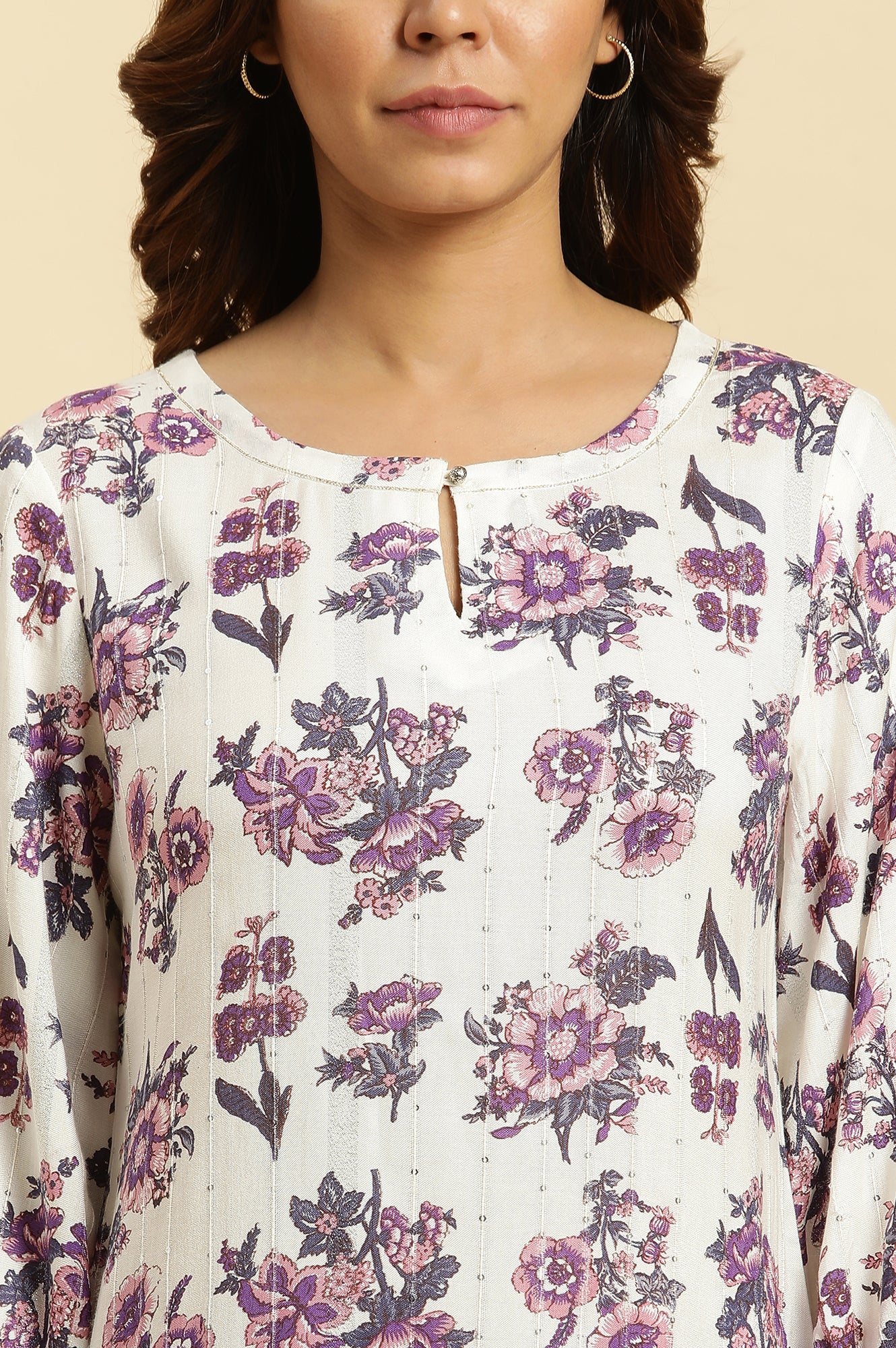 Ecru Relaxed Fit Straight Kurta with Purple Floral Print - wforwoman