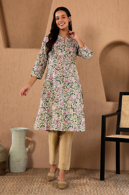 White Floral Printed Cotton Lurex Straight Kurta