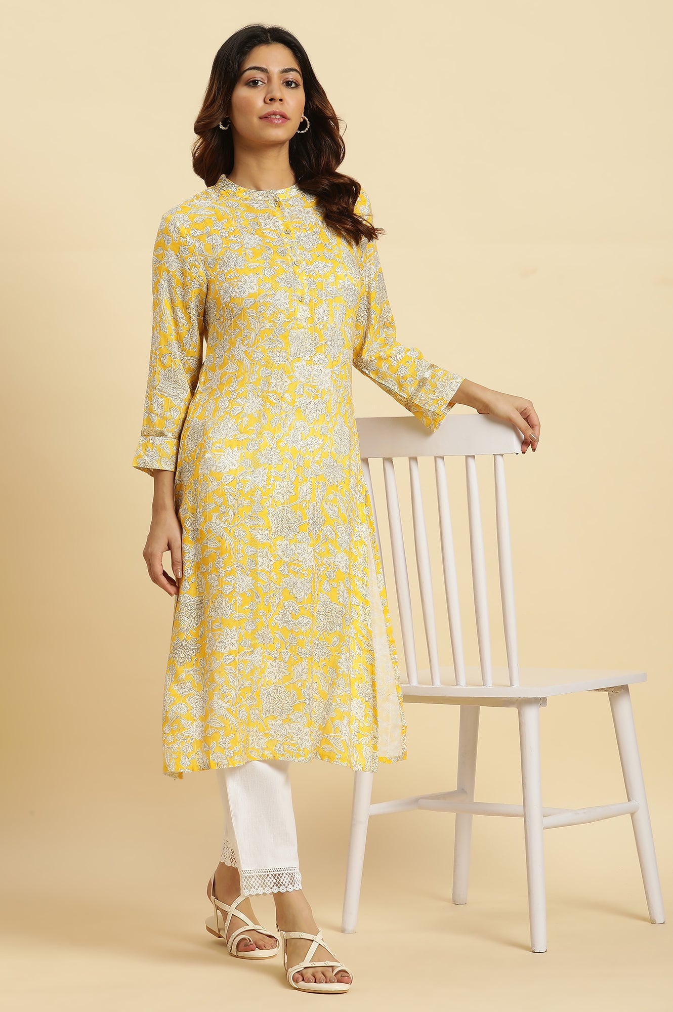 Yellow Floral Printed A-line Kurta - wforwoman