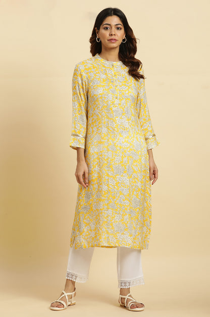 Yellow Floral Printed A-line Kurta - wforwoman