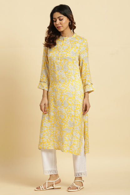 Yellow Floral Printed A-line Kurta - wforwoman