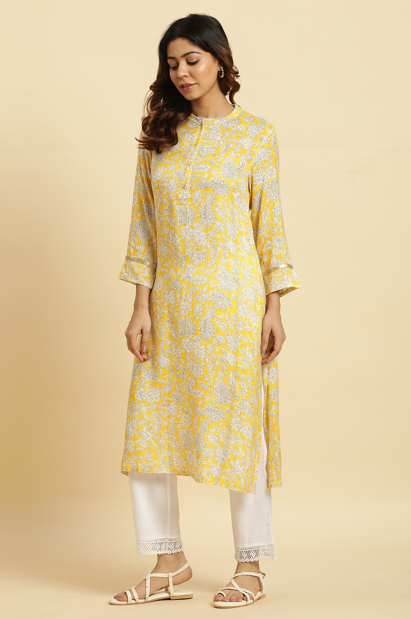 Yellow Floral Printed A-Line Kurta