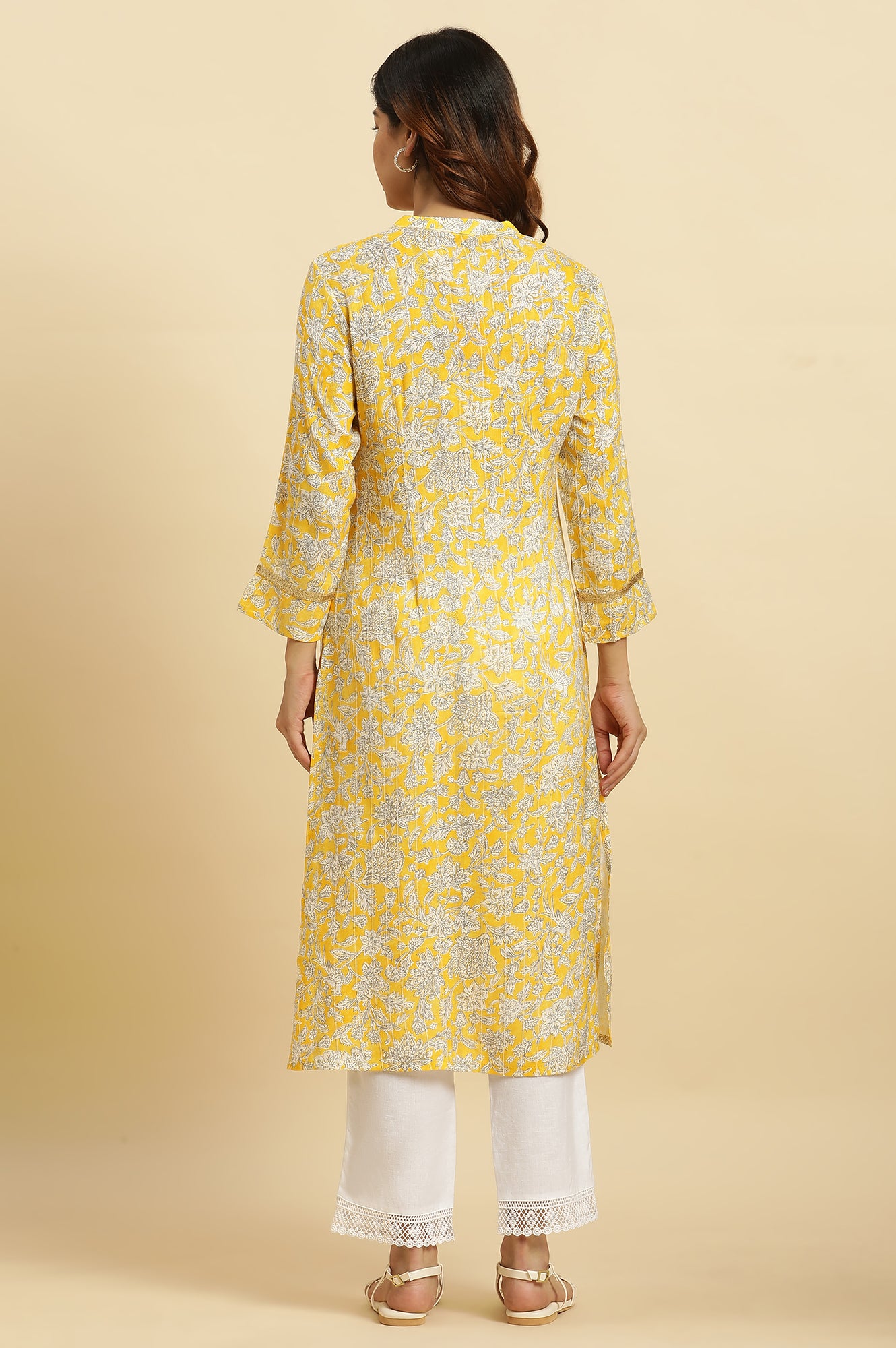 Yellow Floral Printed A-line Kurta - wforwoman