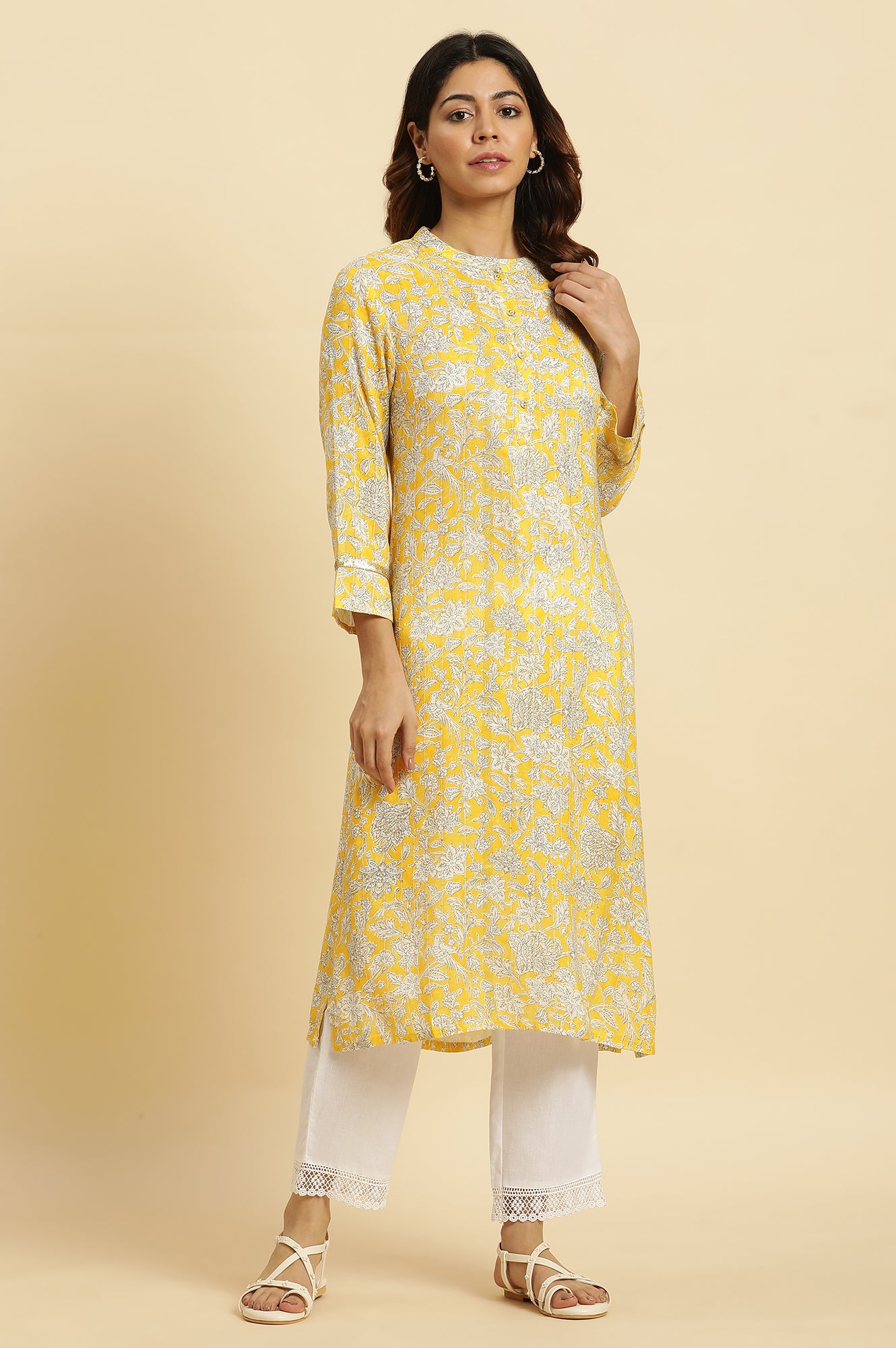 Yellow Floral Printed A-line Kurta - wforwoman