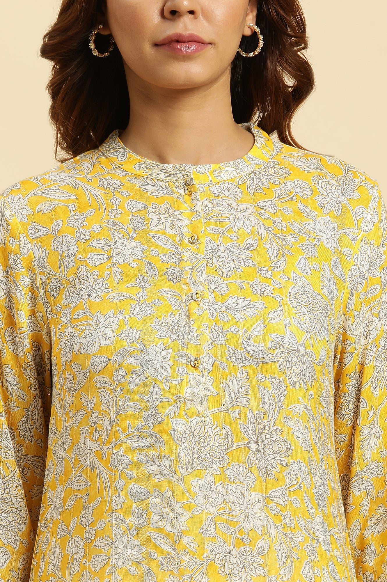 Yellow Floral Printed A-line Kurta - wforwoman