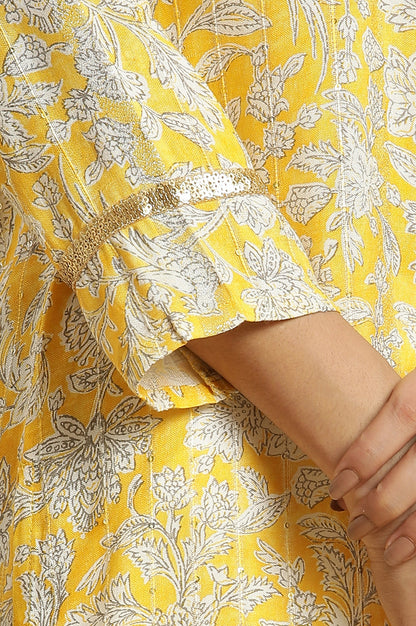 Yellow Floral Printed A-Line Kurta