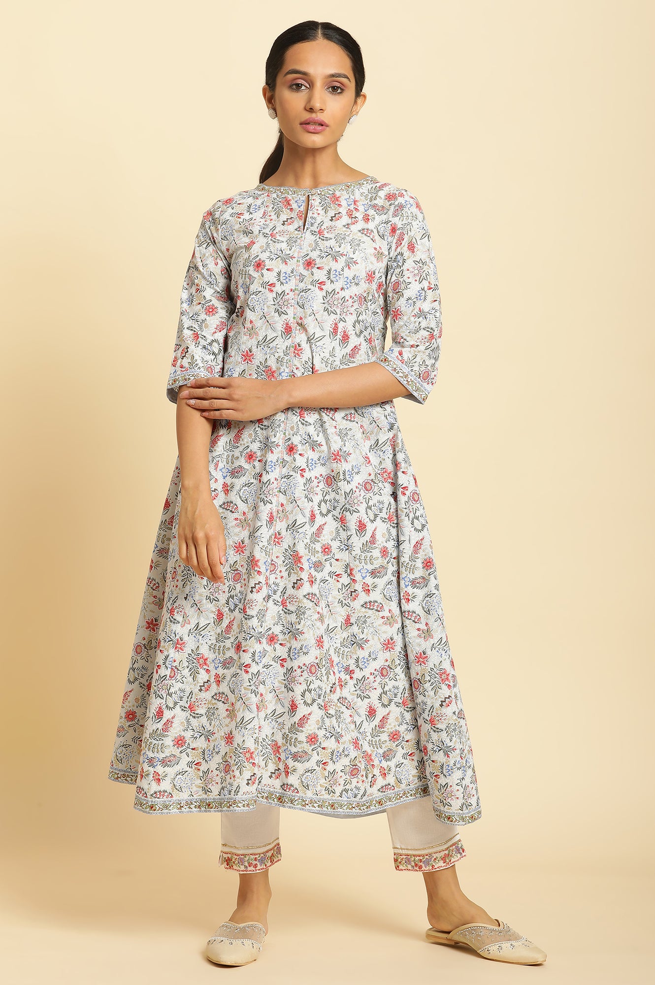 Powder Blue Floral Printed Flared Kurta - wforwoman