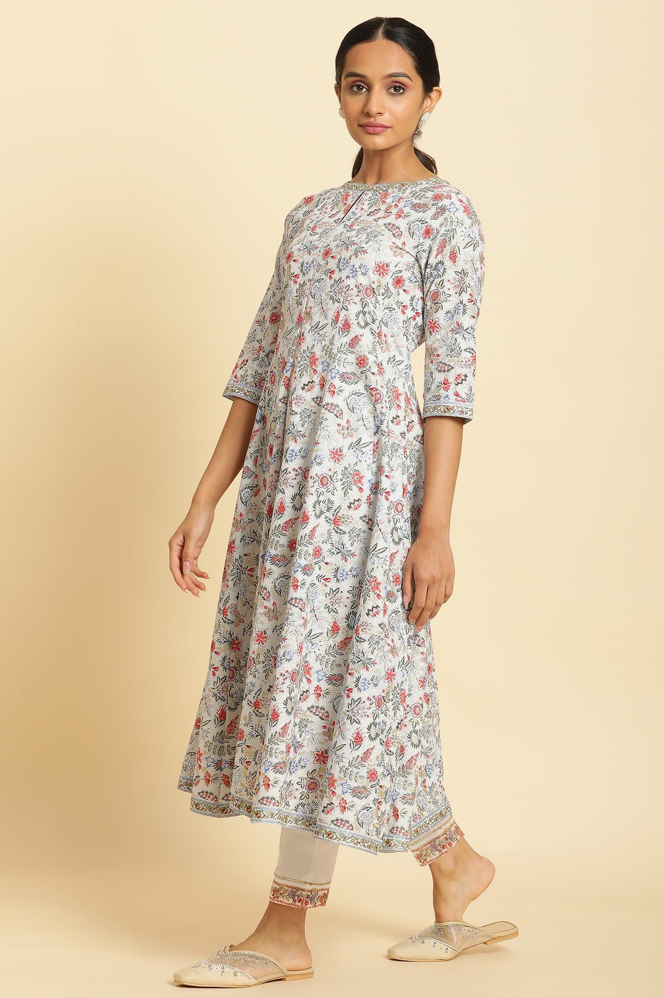 Powder Blue Floral Printed Flared Kurta - wforwoman