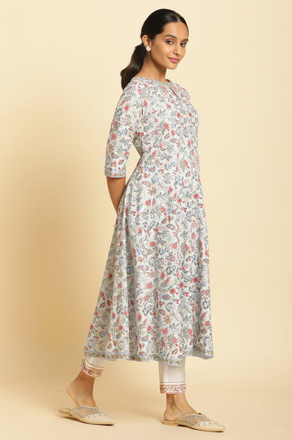 Powder Blue Floral Printed Flared Kurta - wforwoman