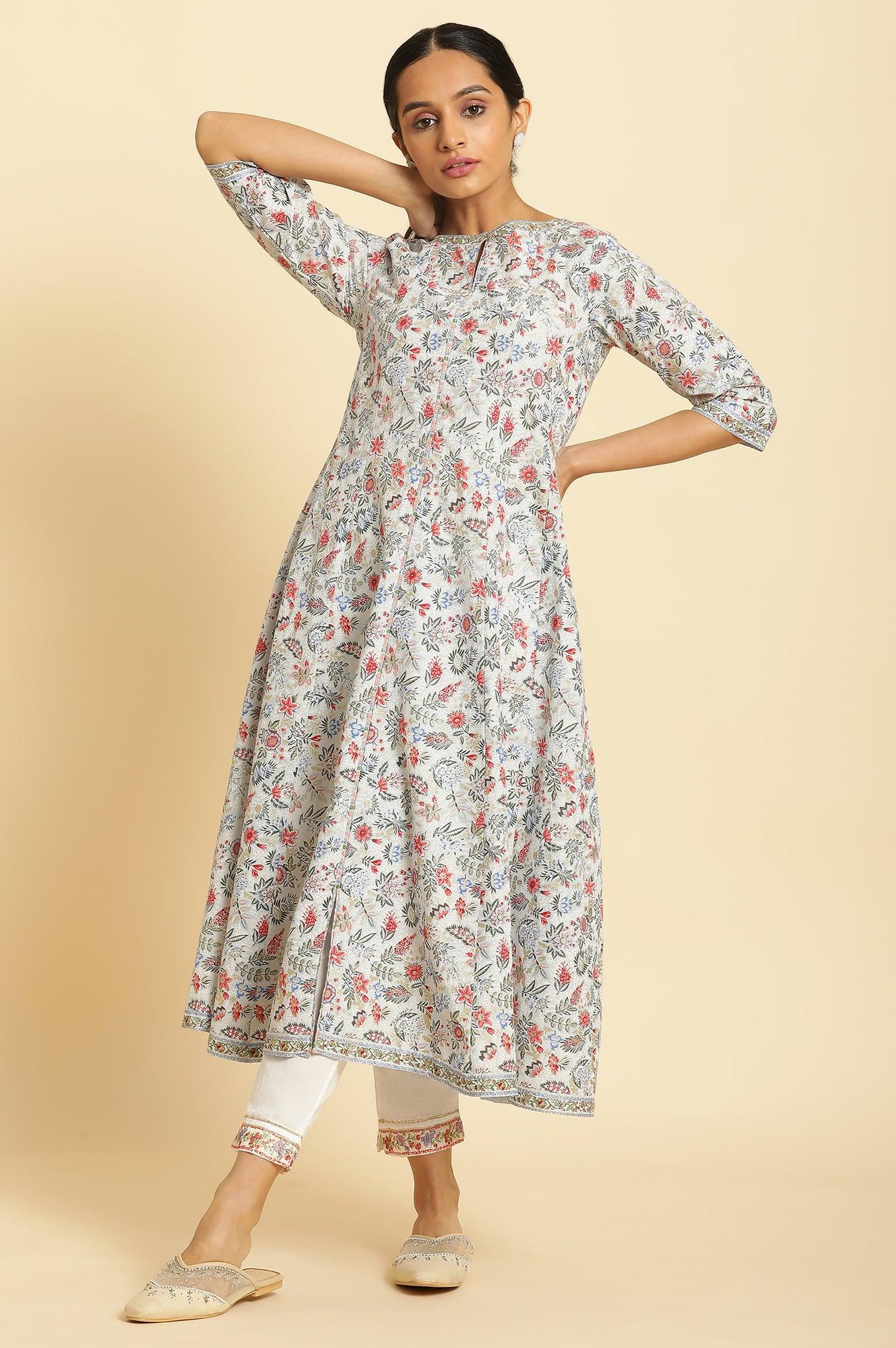 Powder Blue Floral Printed Flared Kurta - wforwoman