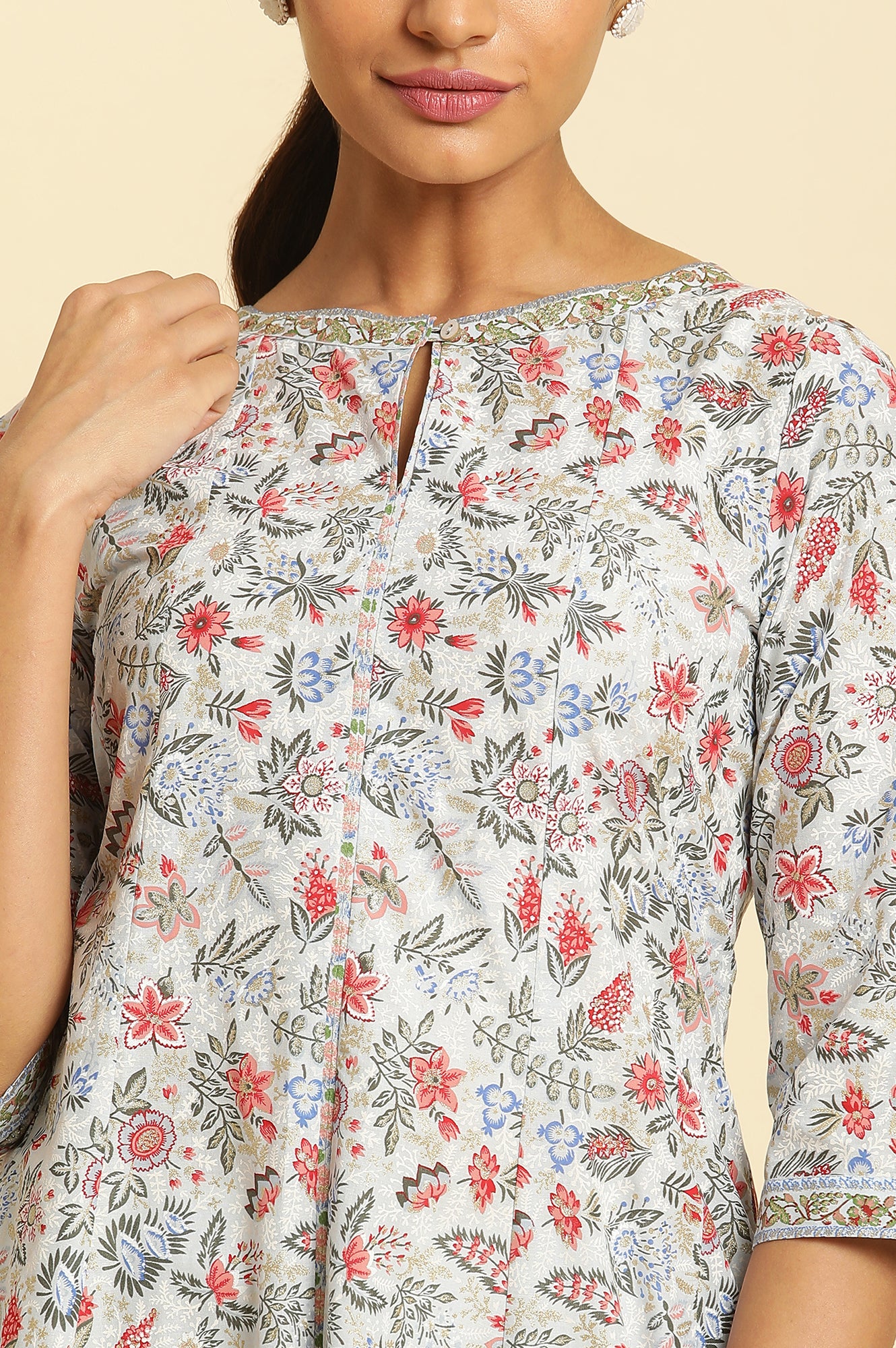 Powder Blue Floral Printed Flared Kurta - wforwoman