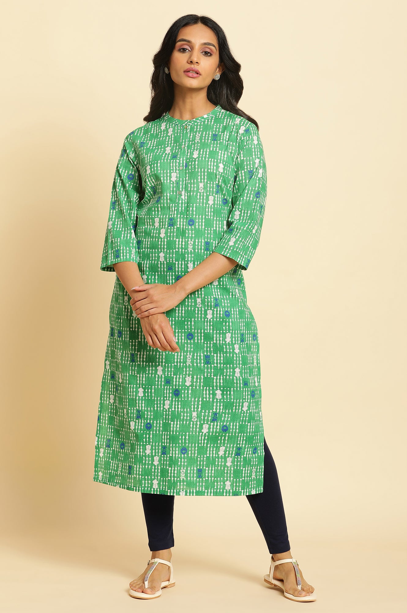 Green Geometric Mandarin Collar Straight Kurta - wforwoman