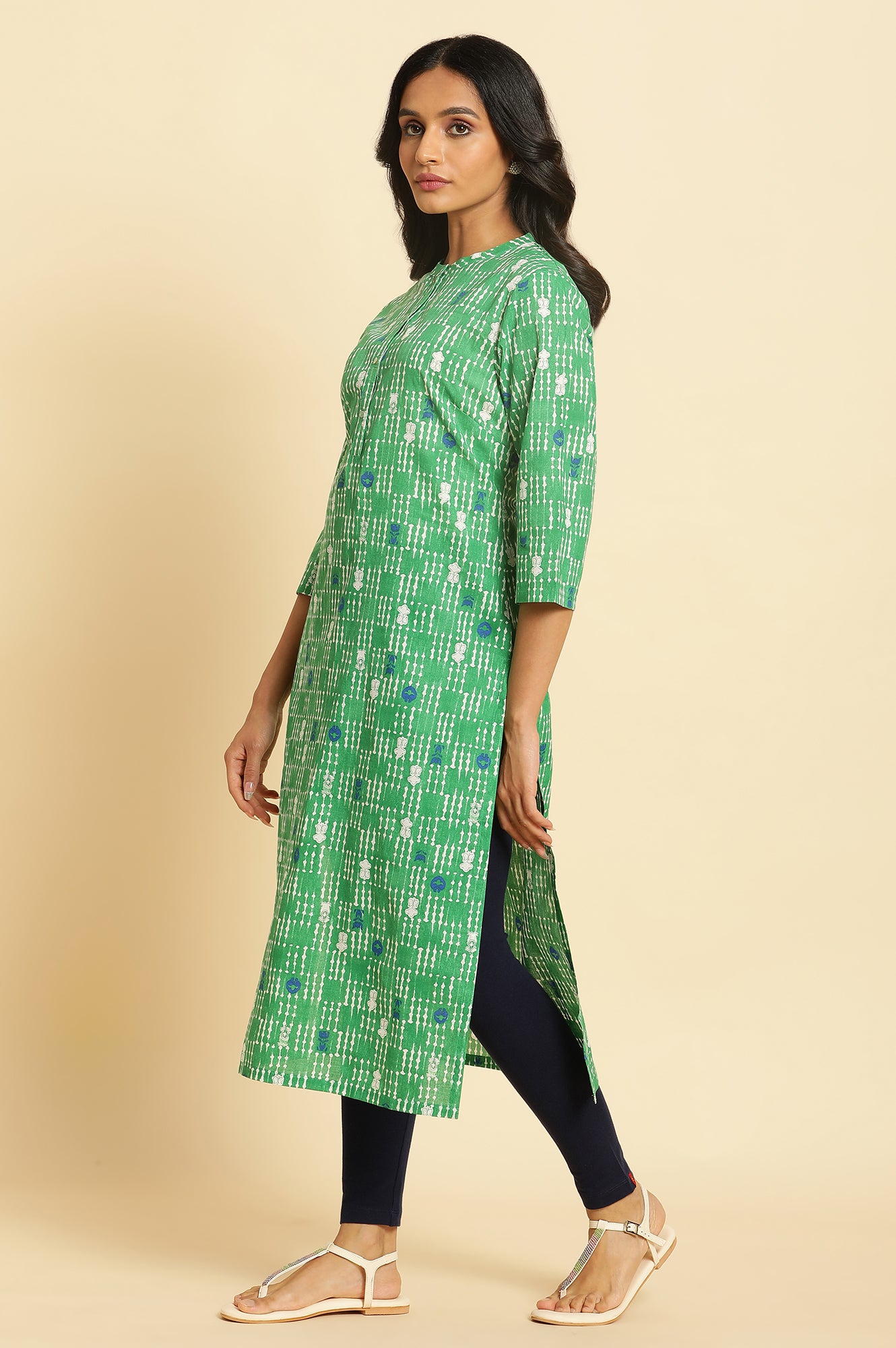 Green Geometric Mandarin Collar Straight Kurta - wforwoman