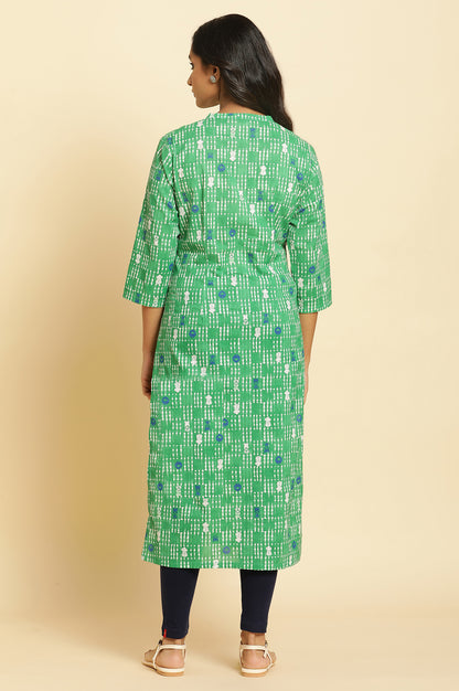 Green Geometric Mandarin Collar Straight Kurta - wforwoman