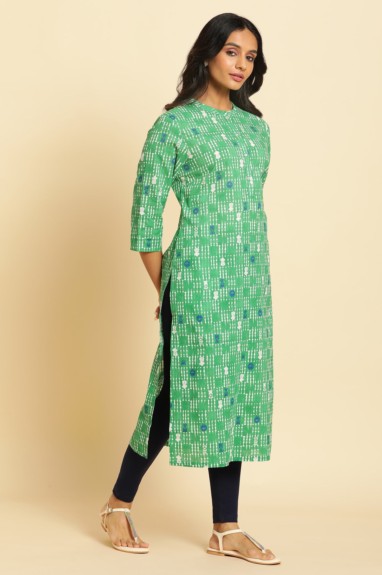 Green Geometric Mandarin Collar Straight Kurta - wforwoman