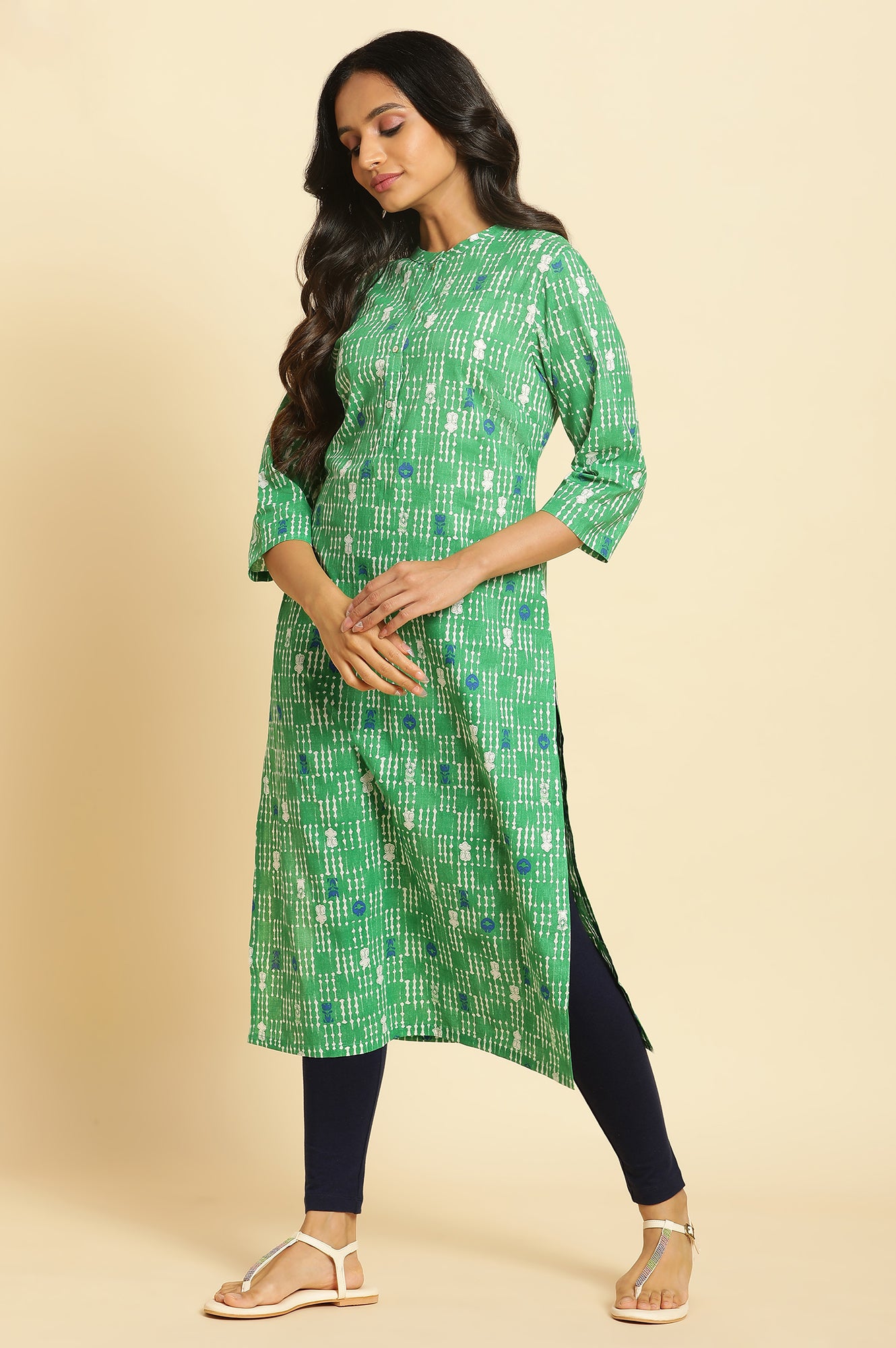 Green Geometric Mandarin Collar Straight Kurta - wforwoman