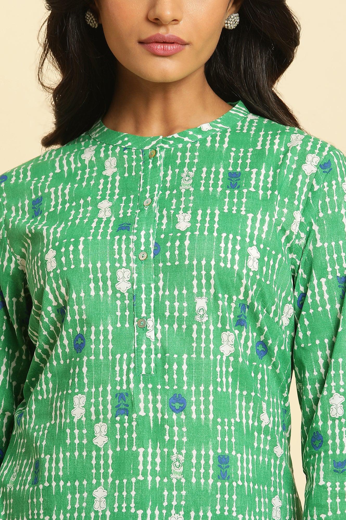 Green Geometric Mandarin Collar Straight Kurta - wforwoman
