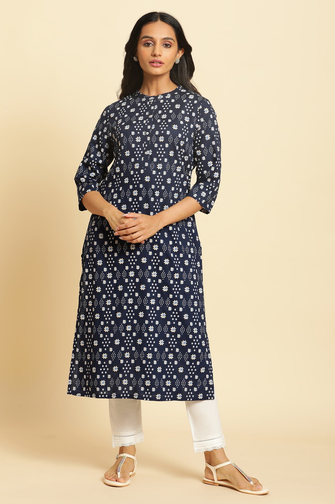 Dark Blue Geometric Printed Straight Kurta - wforwoman