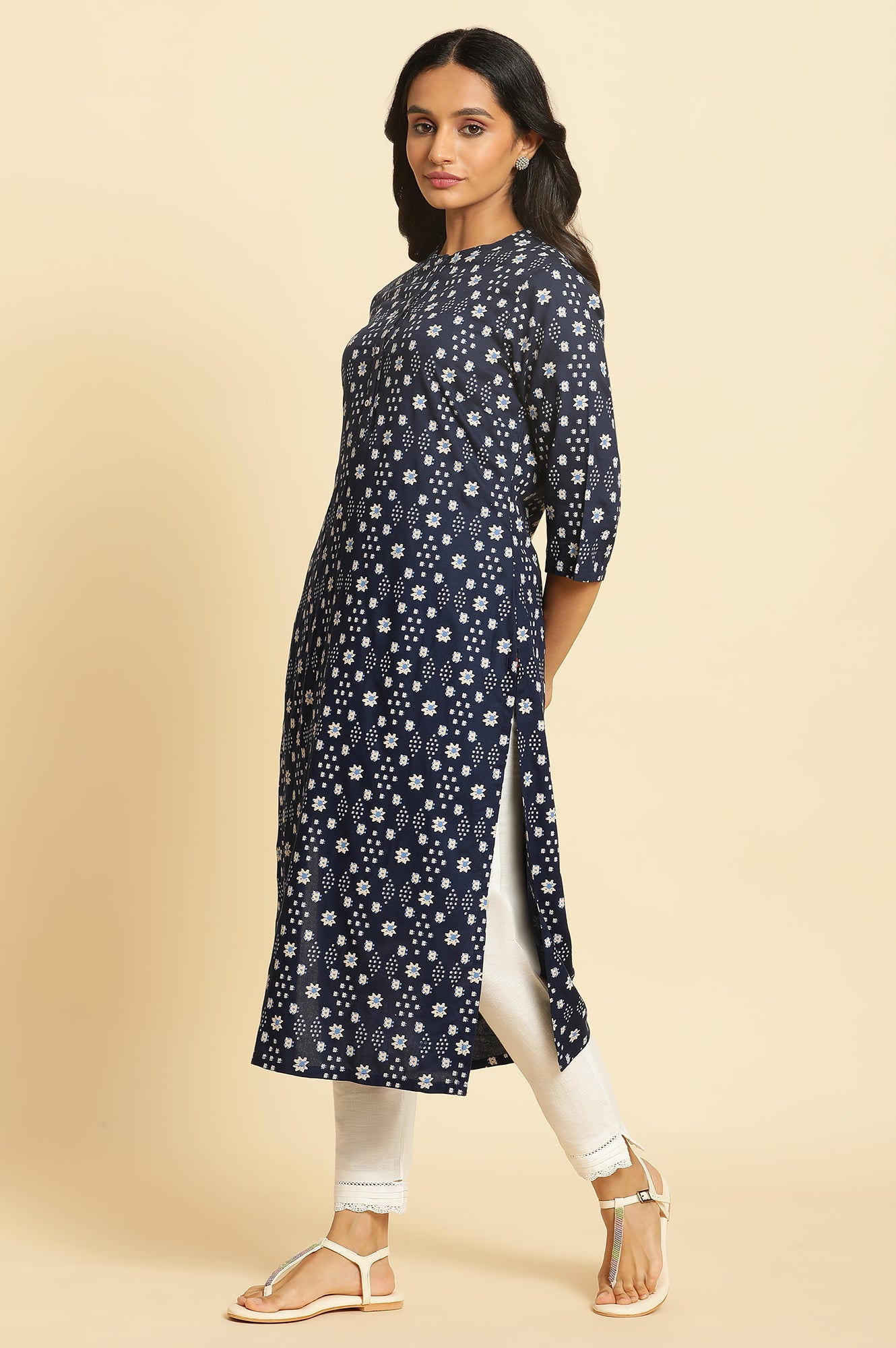 Dark Blue Geometric Printed Straight Kurta - wforwoman