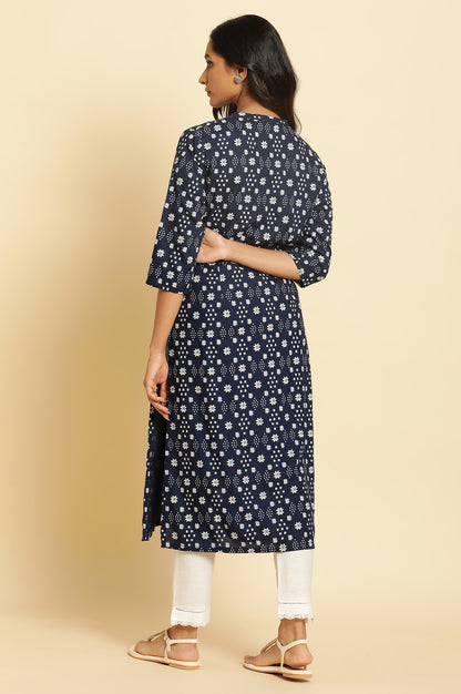 Dark Blue Geometric Printed Straight Kurta - wforwoman