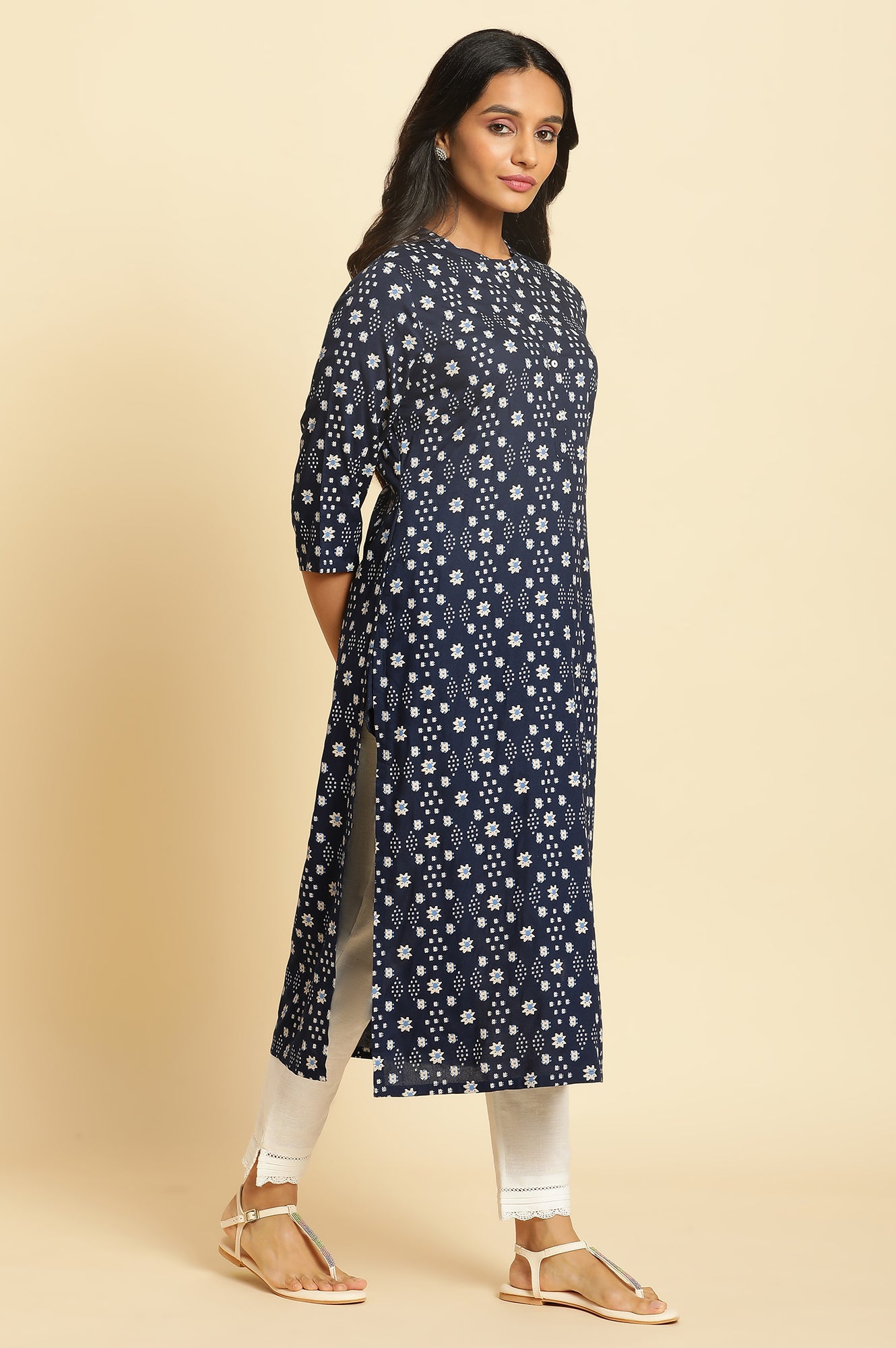 Dark Blue Geometric Printed Straight Kurta - wforwoman