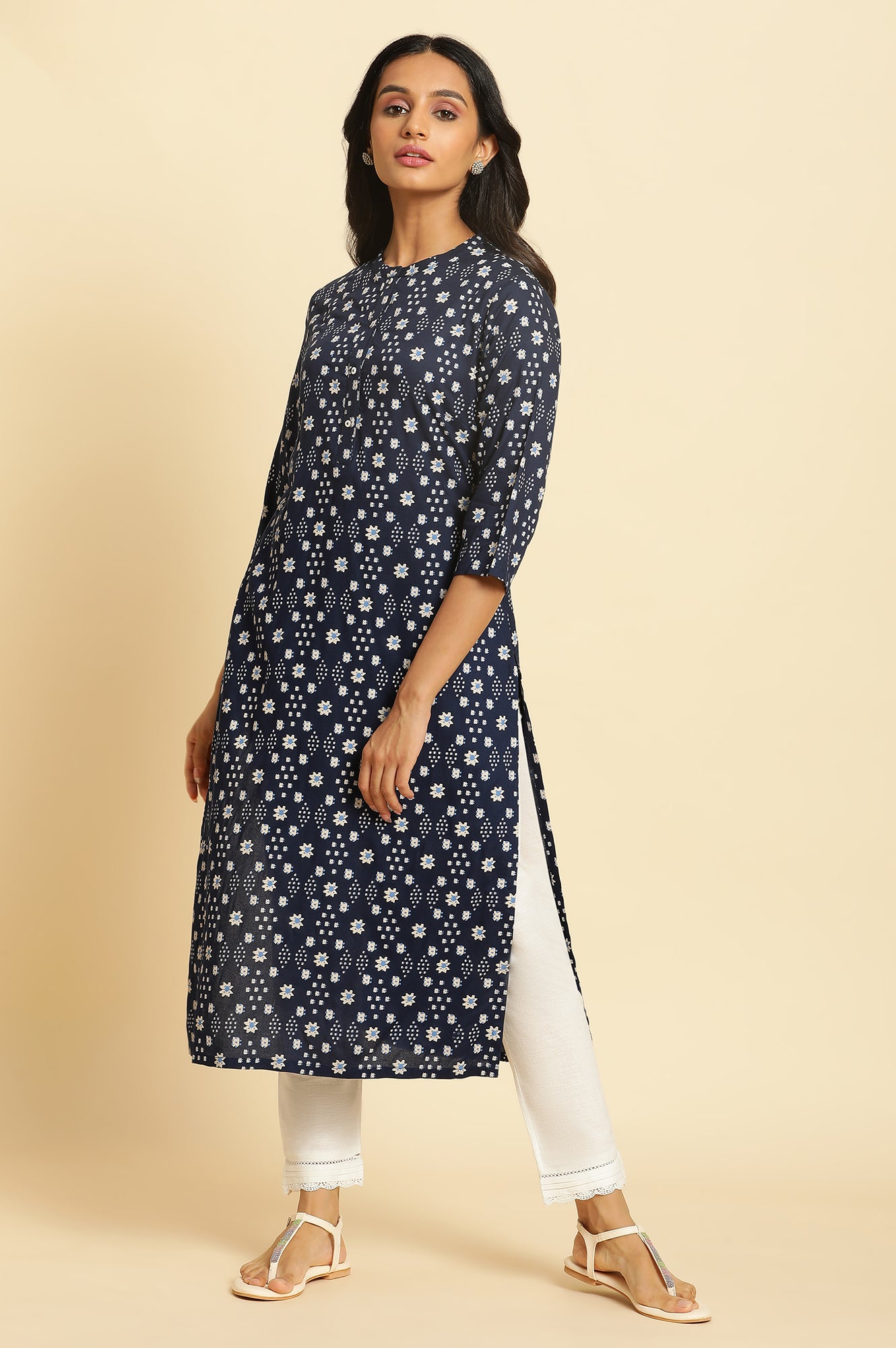 Dark Blue Geometric Printed Straight Kurta - wforwoman