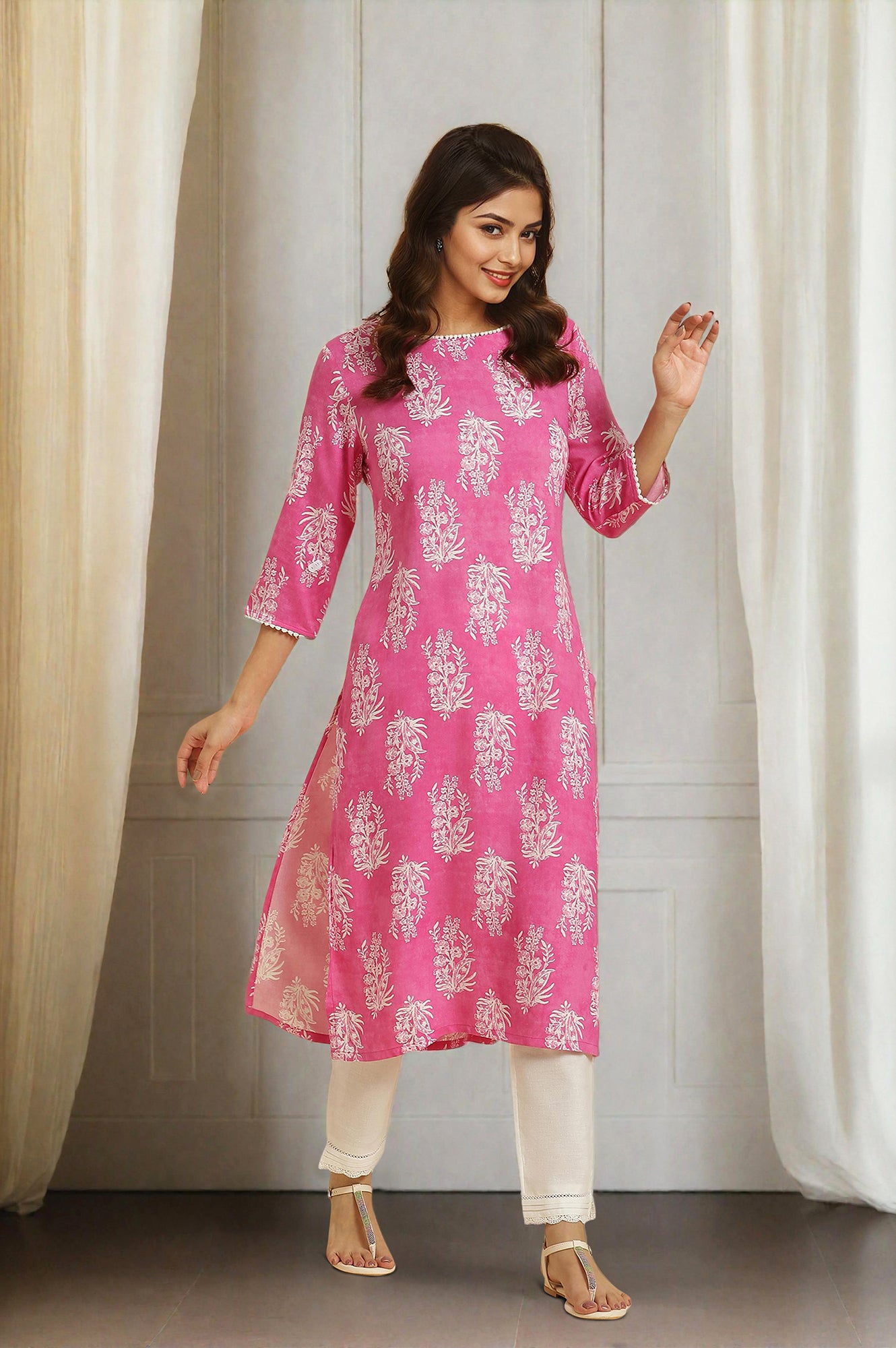 Pink Floral Printed Rayon Straight Kurta