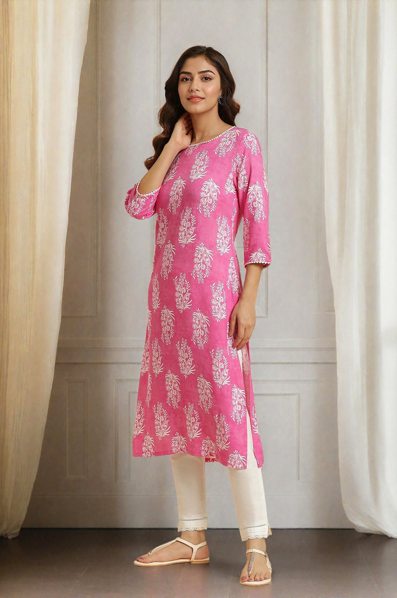 Pink Floral Printed Rayon Straight Kurta