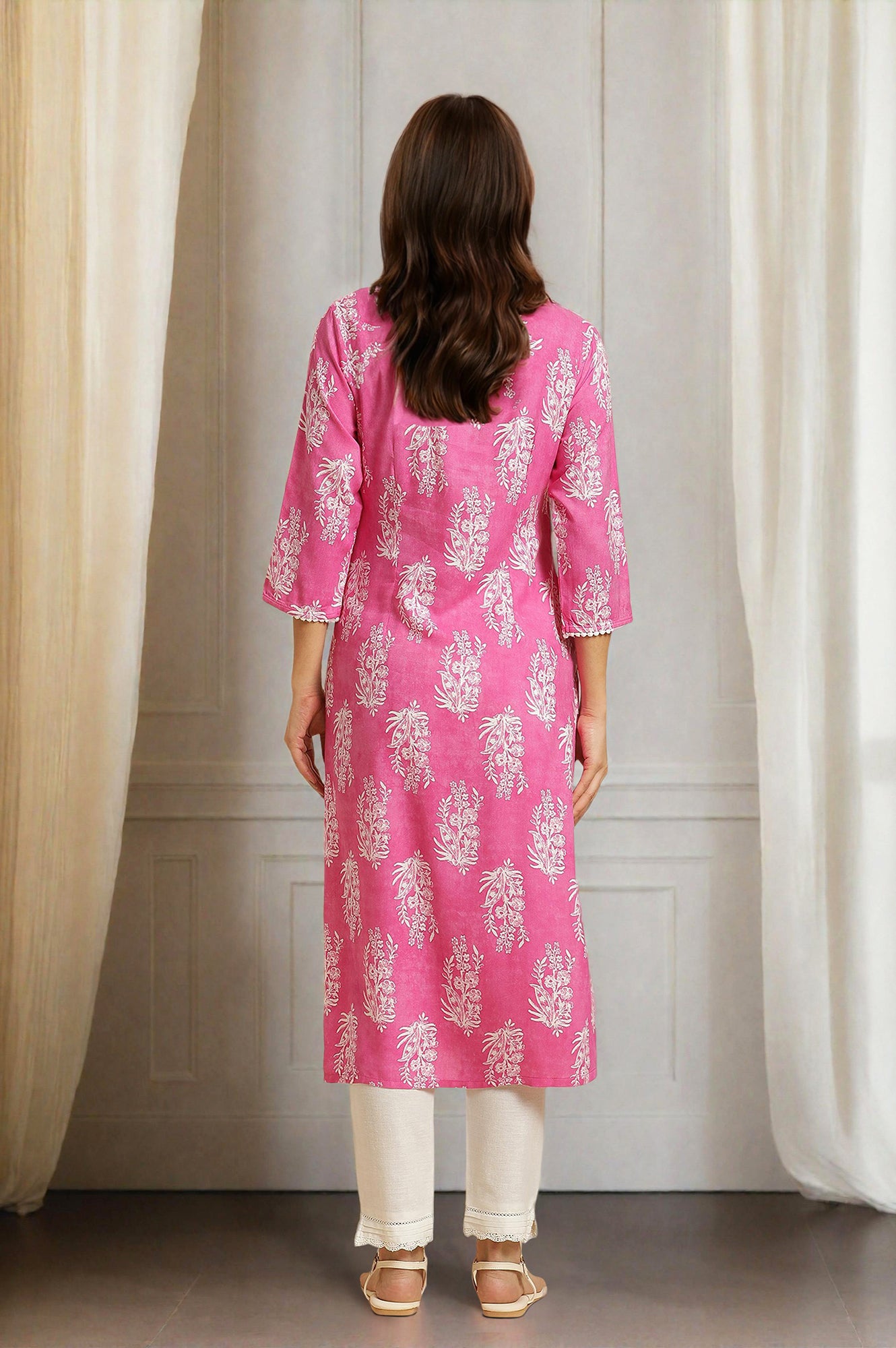 Pink Floral Printed Rayon Straight Kurta