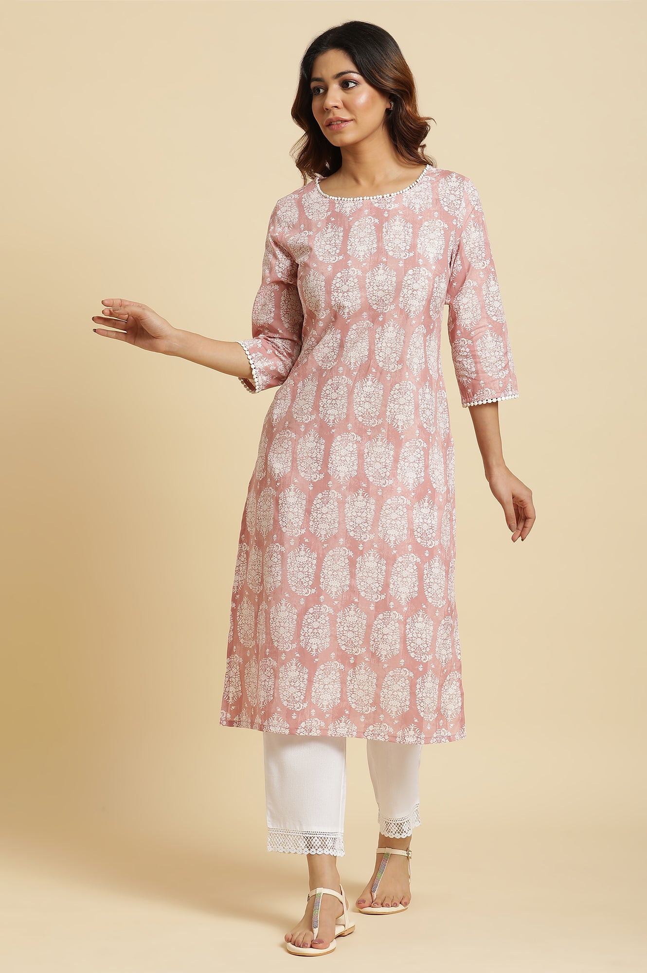 Pink Paisley Printed Cotton Kurta - wforwoman