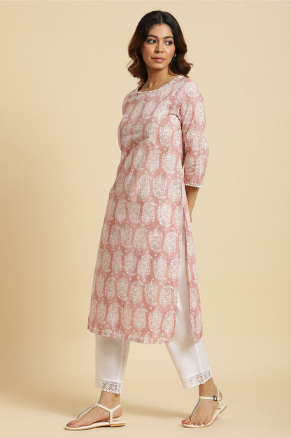 Pink Paisley Printed Cotton Kurta - wforwoman