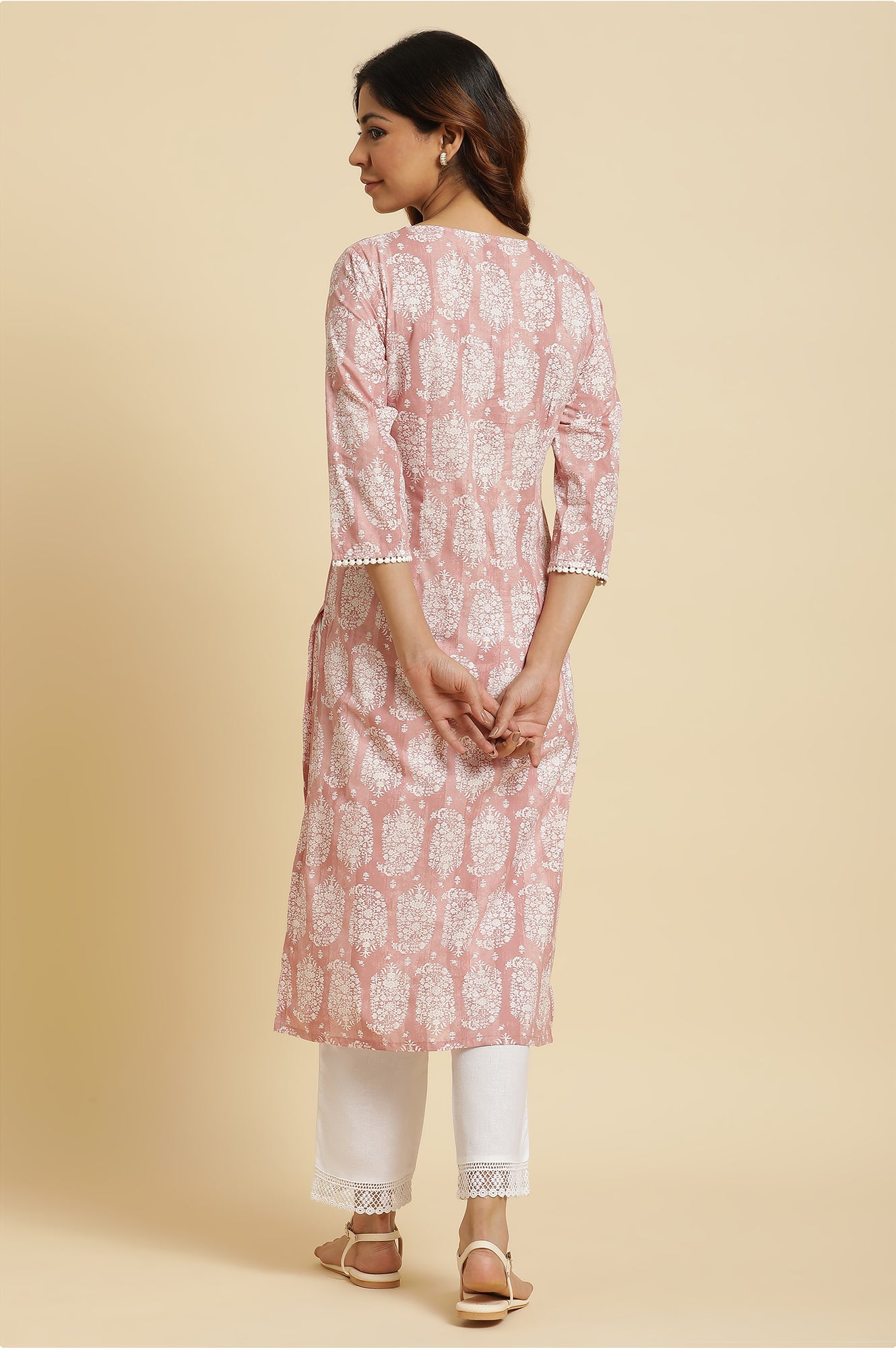 Pink Paisley Printed Cotton Kurta - wforwoman