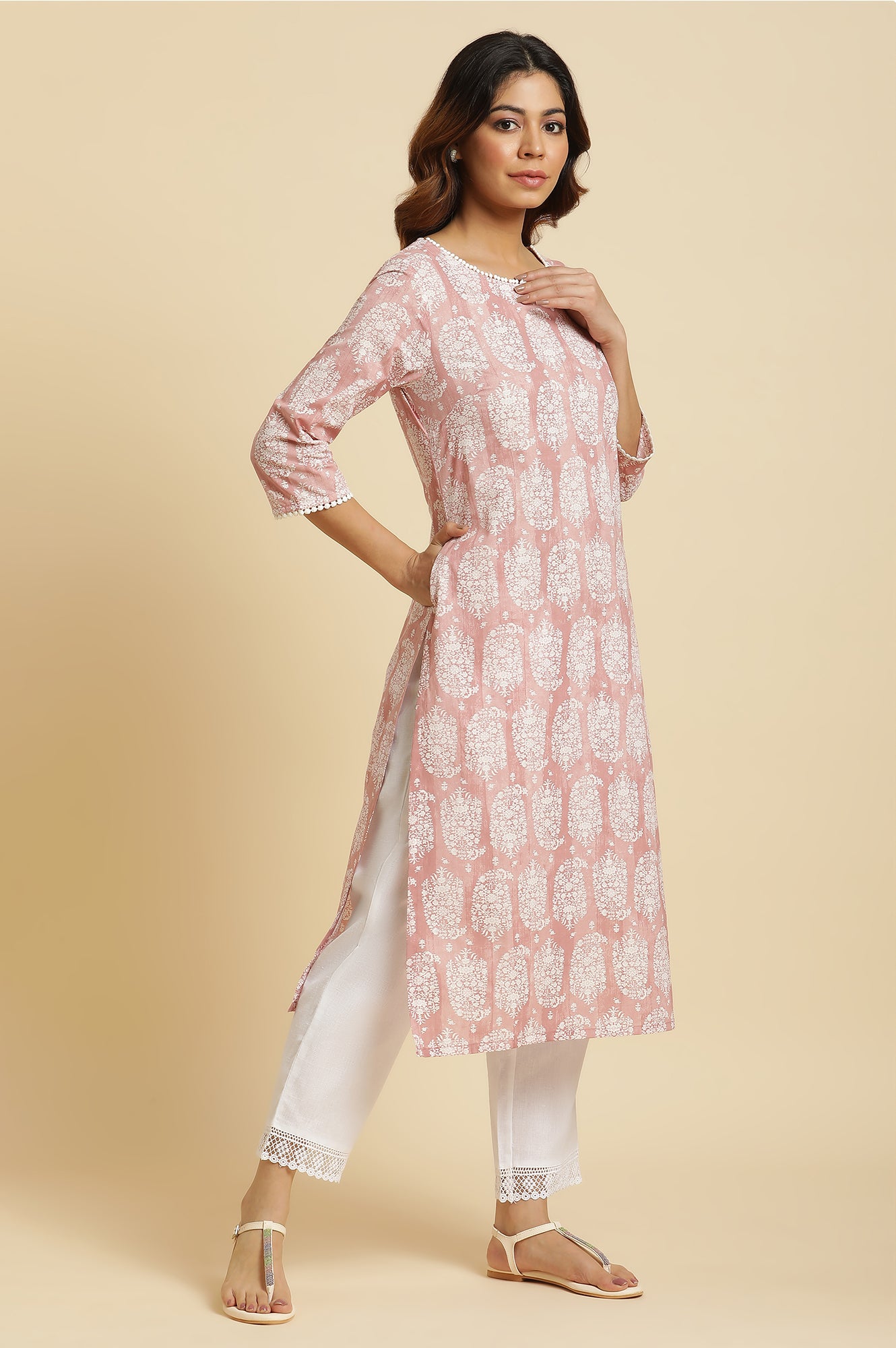 Pink Paisley Printed Cotton Kurta - wforwoman