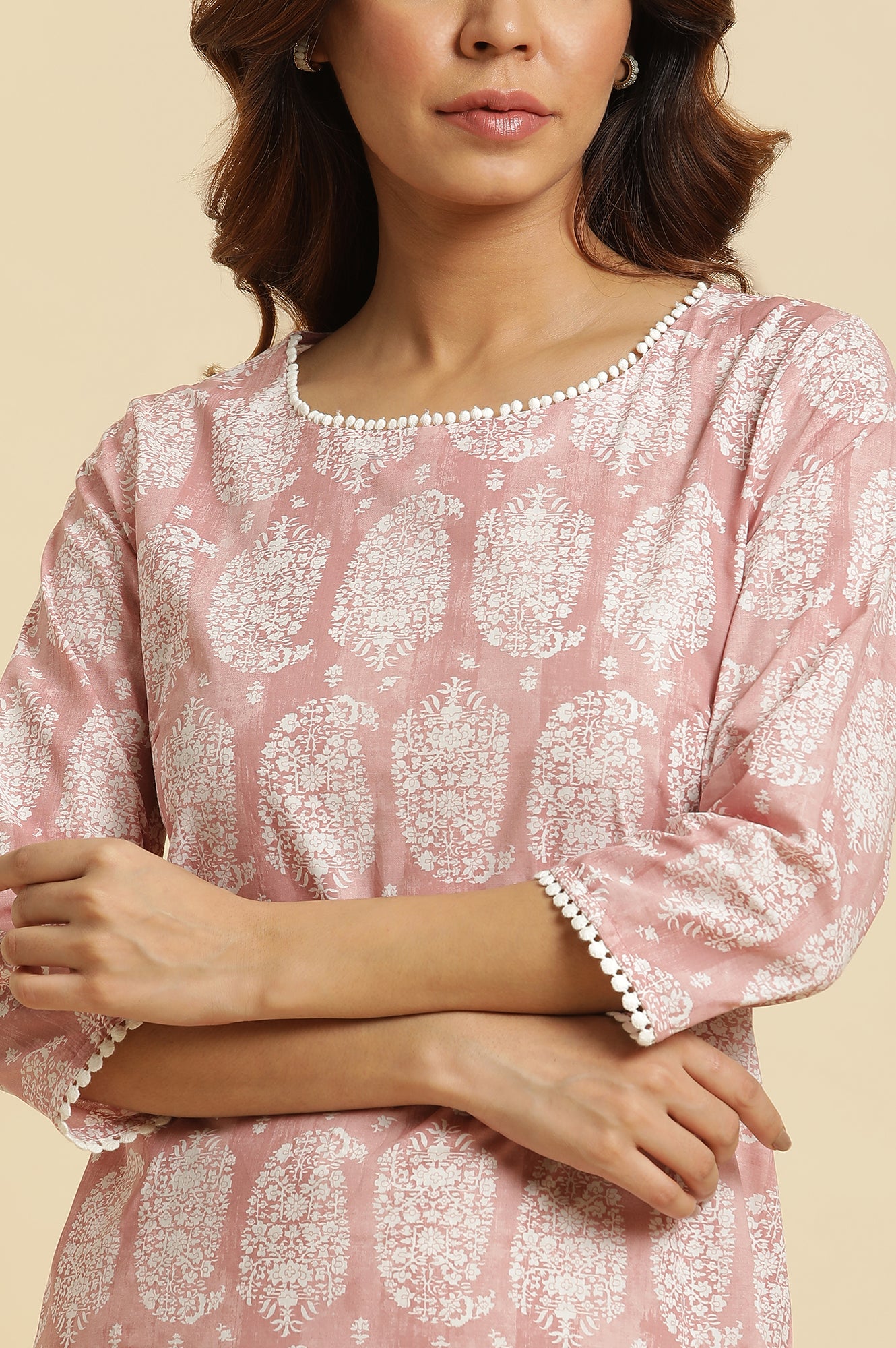 Pink Paisley Printed Cotton Kurta - wforwoman