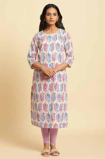 Ecru Straight Kurta in Bright Multi-coloured Prints - wforwoman