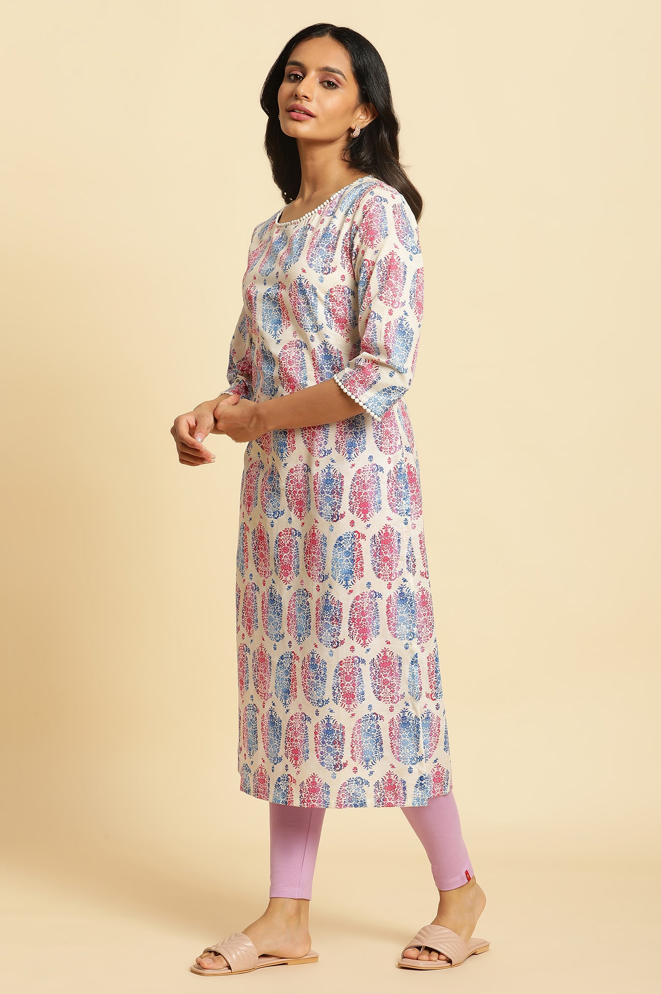 Ecru Straight Kurta in Bright Multi-coloured Prints - wforwoman