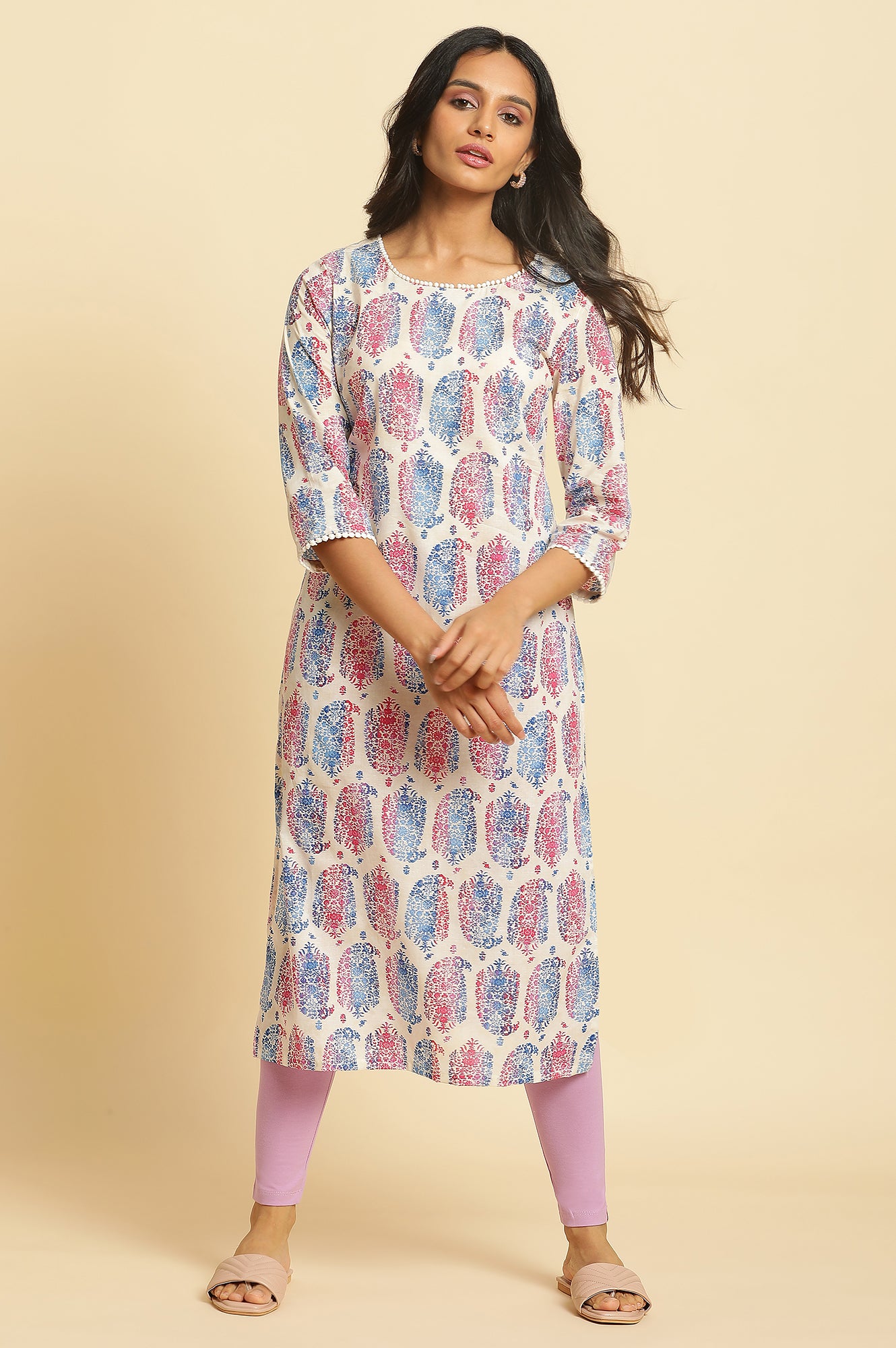 Ecru Straight Kurta in Bright Multi-coloured Prints - wforwoman