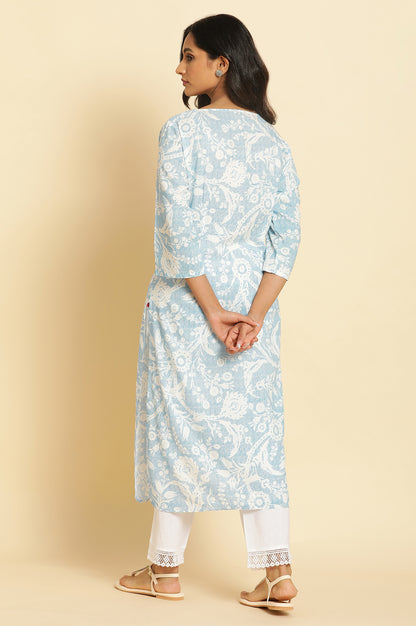 Blue Floral Printed Straight Kurta