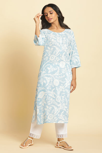 Blue Floral Printed Straight Kurta