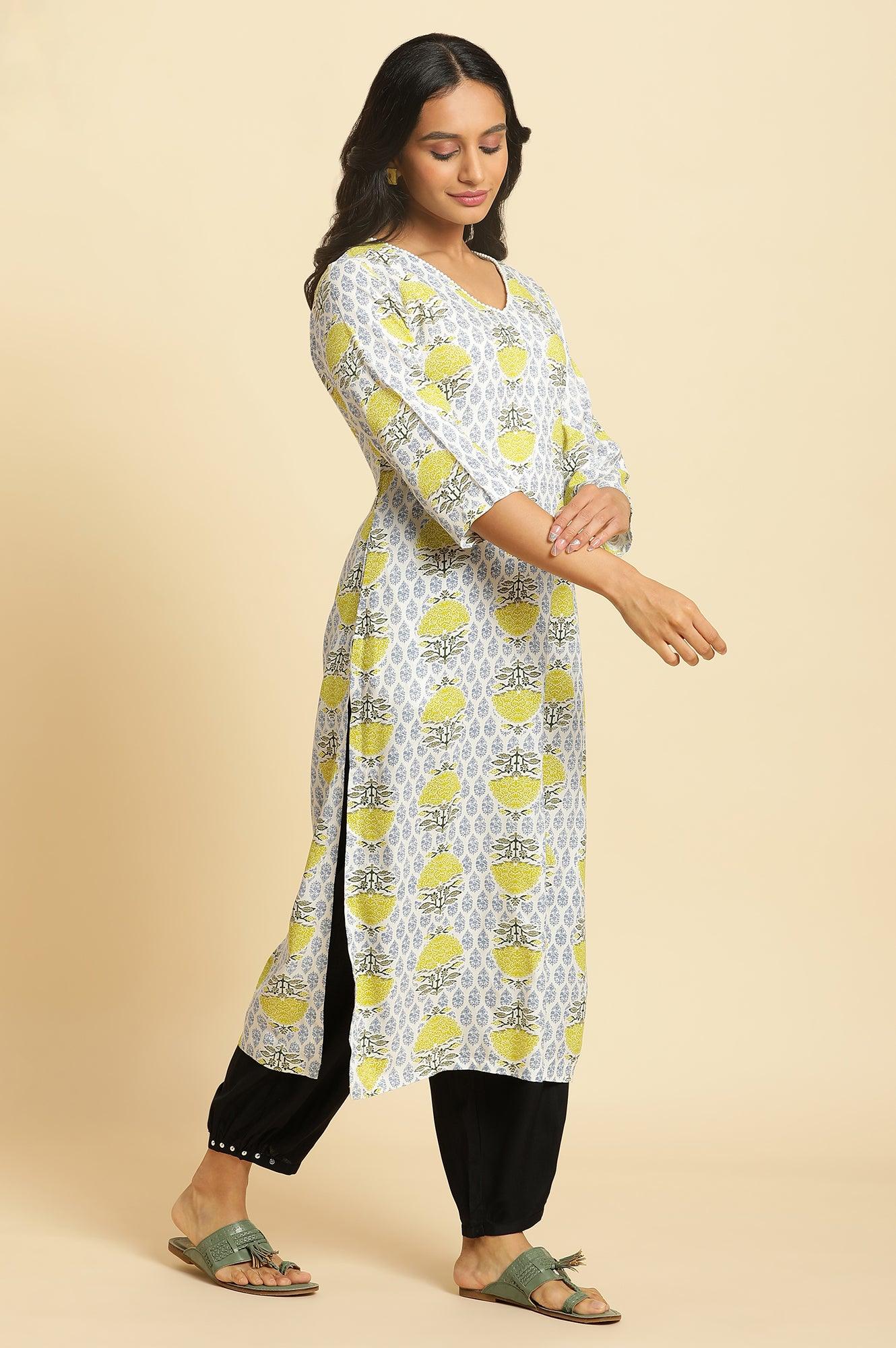 White Straight Kurta With Green &amp; Blue Prints - wforwoman