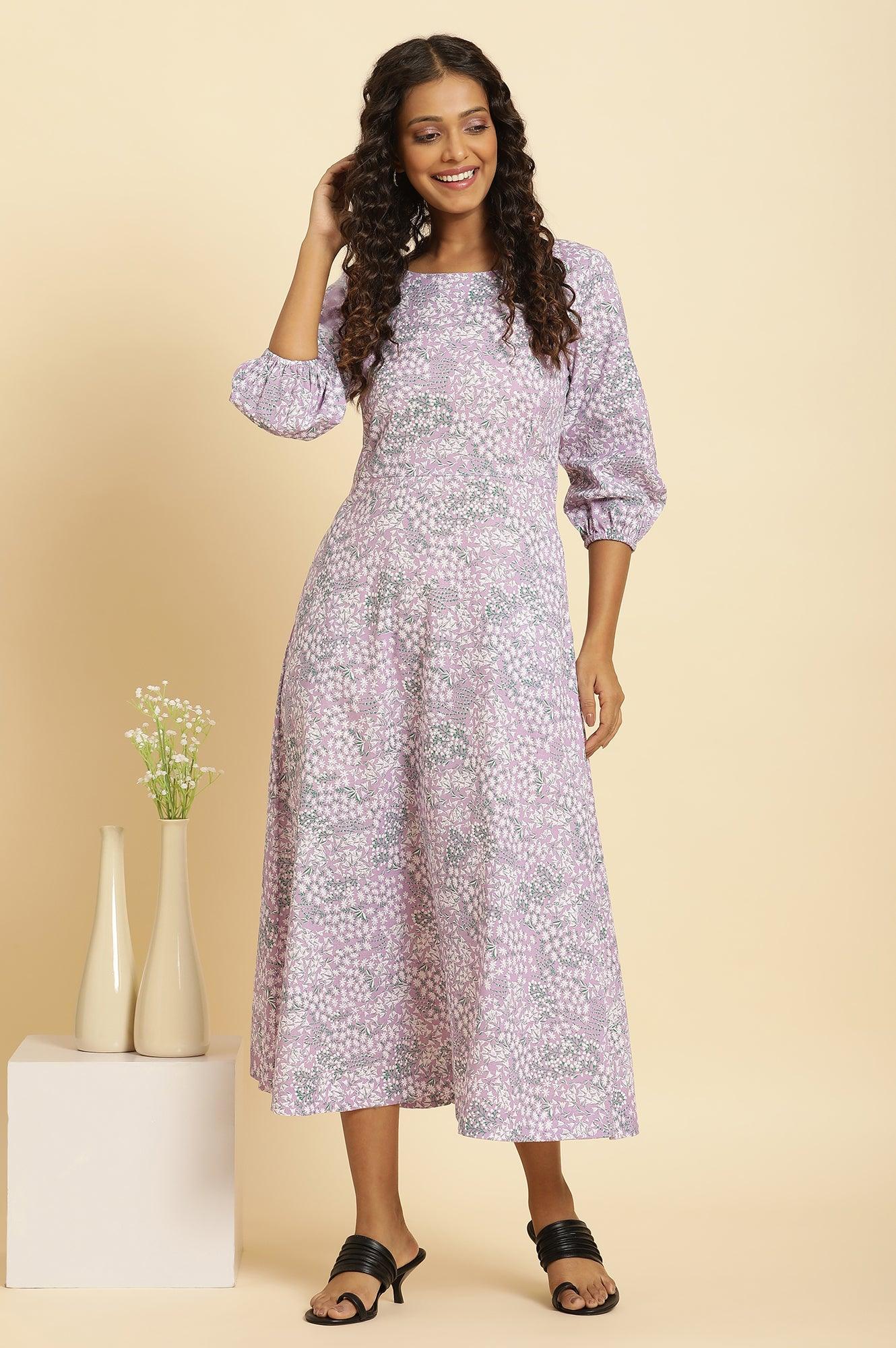 Purple Floral Printed Flared Long Dress - wforwoman