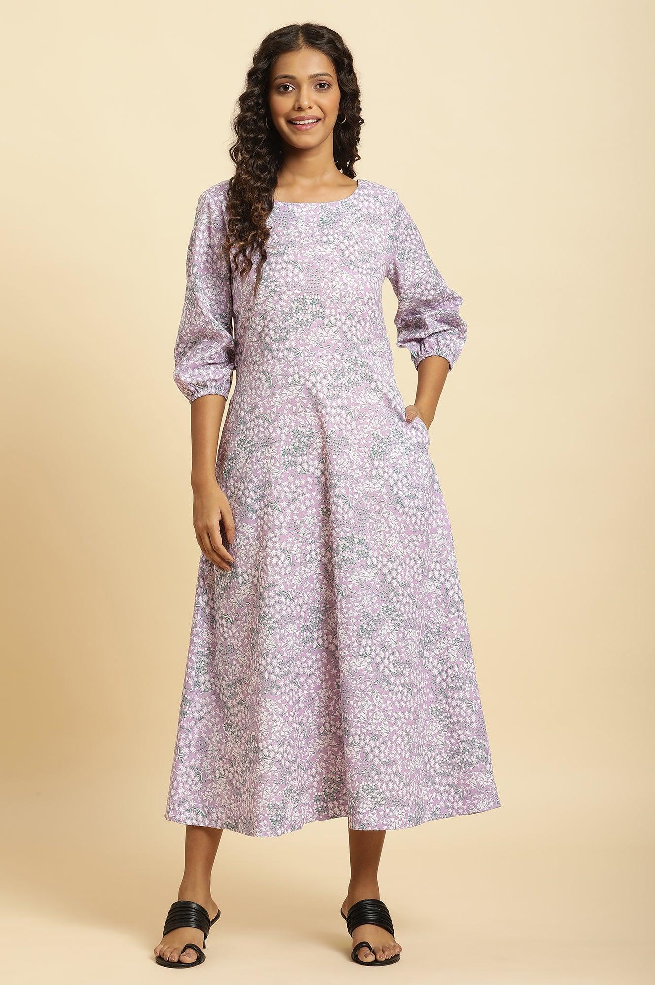 Purple Floral Printed Flared Long Dress - wforwoman