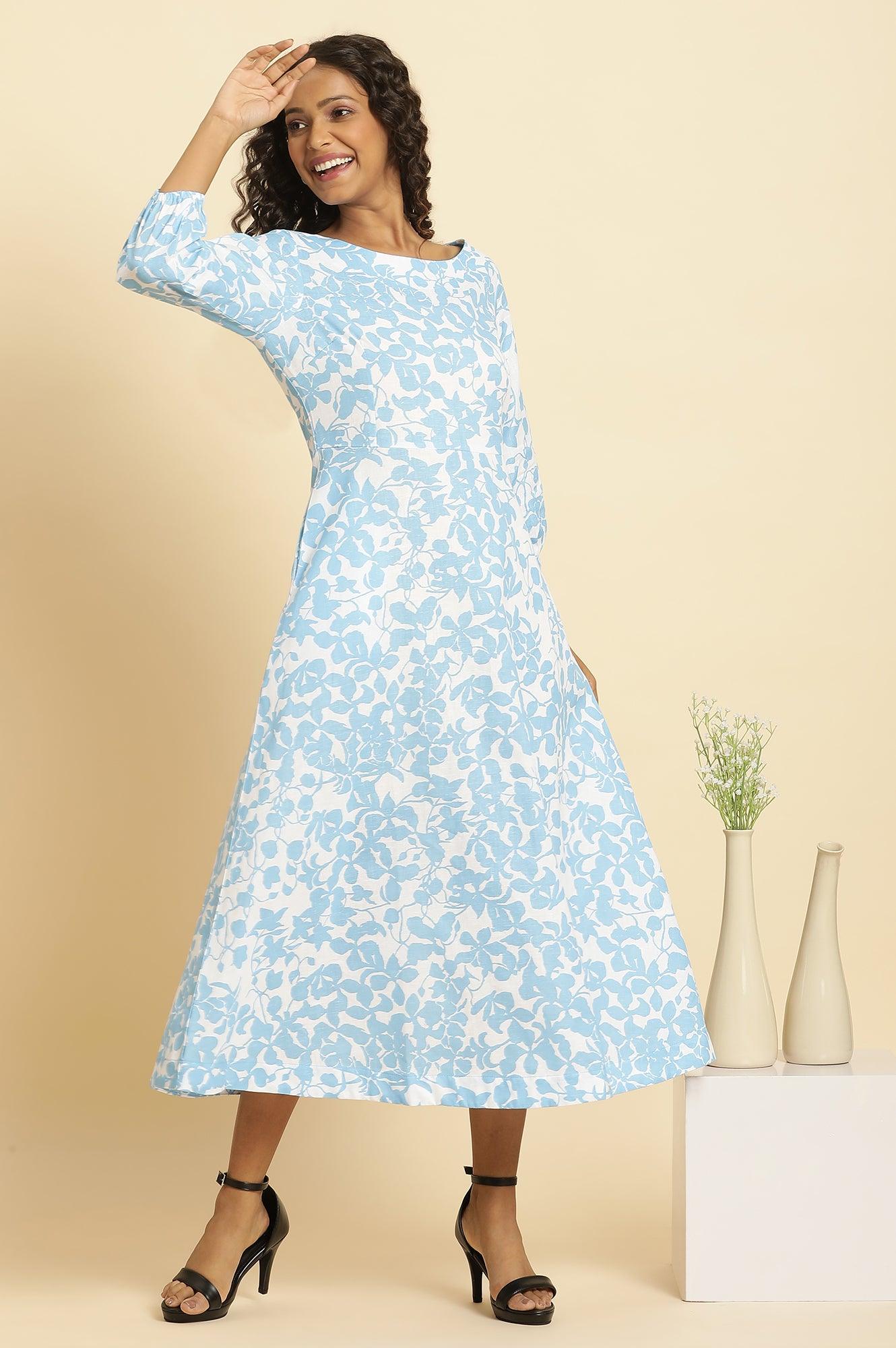 White And Blue Floral Printed Flared Long Dress - wforwoman