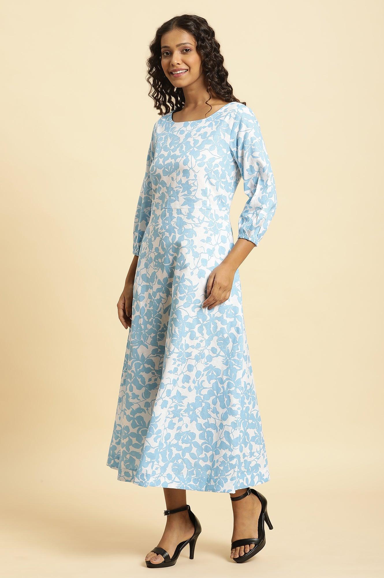 White And Blue Floral Printed Flared Long Dress - wforwoman