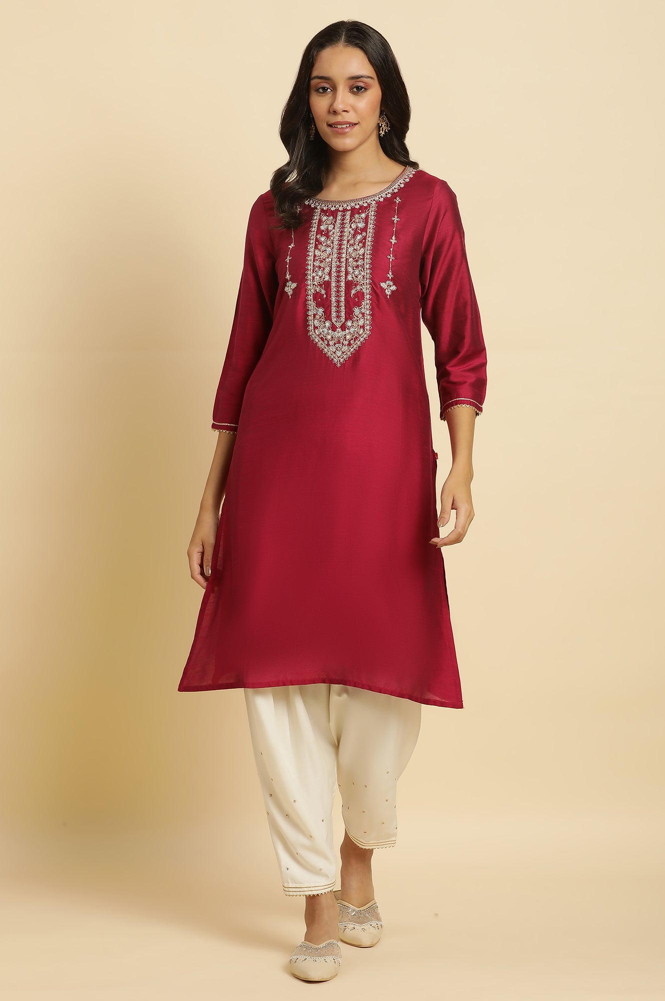 Magenta Embroidered Festive Kurta - wforwoman