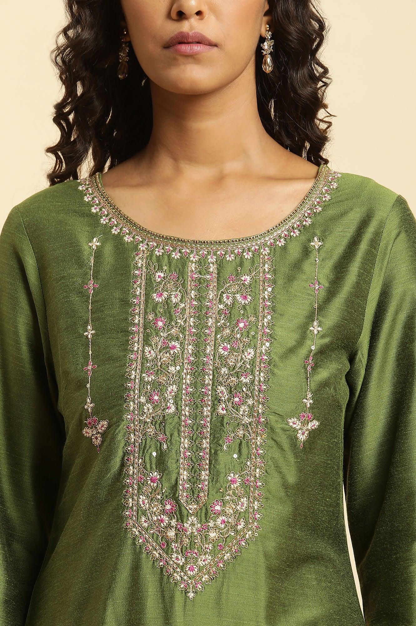 Green Zari Embroidered Festive Kurta - wforwoman