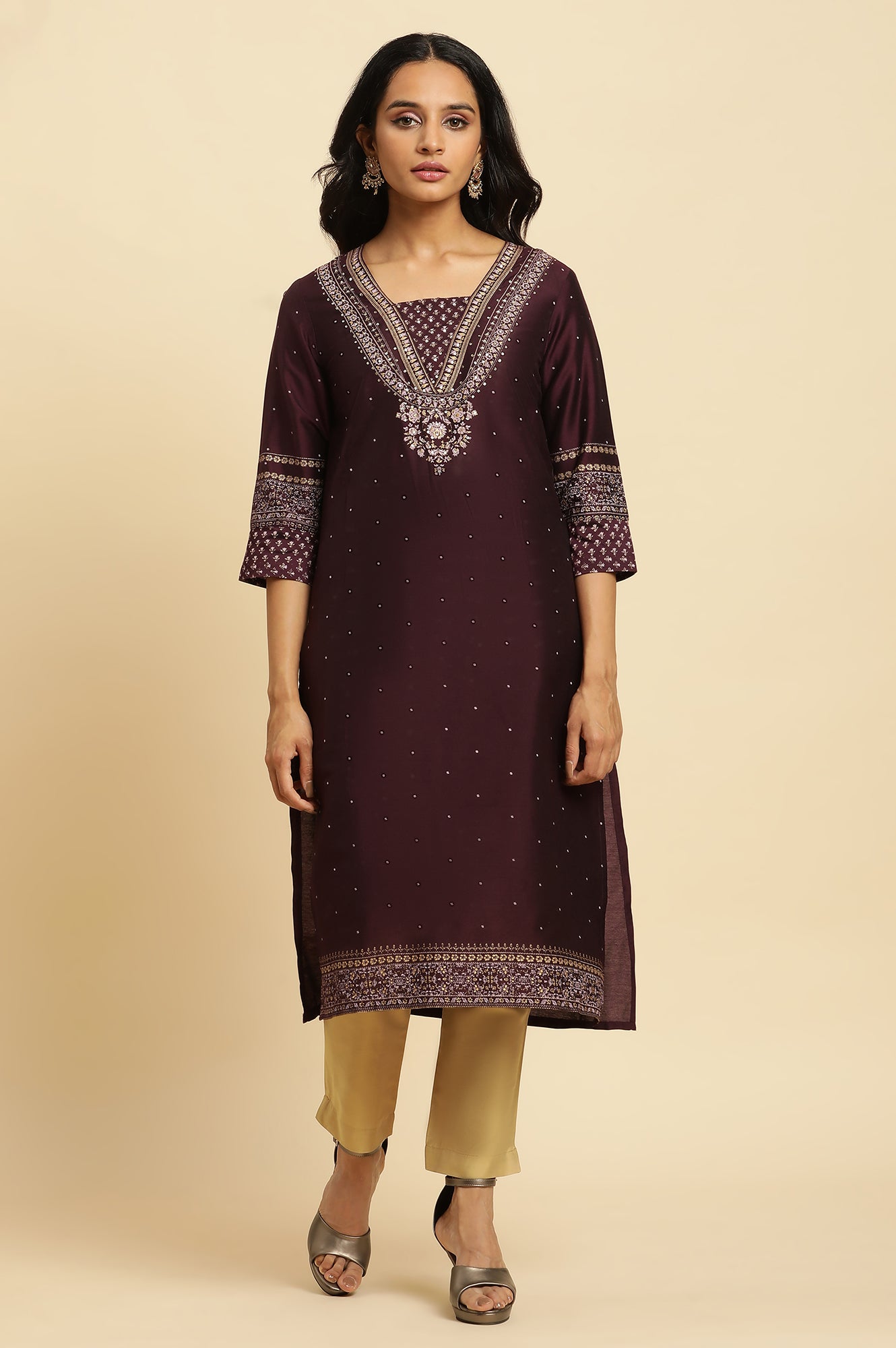 Purple Embellished Straight Festive Kurta - wforwoman