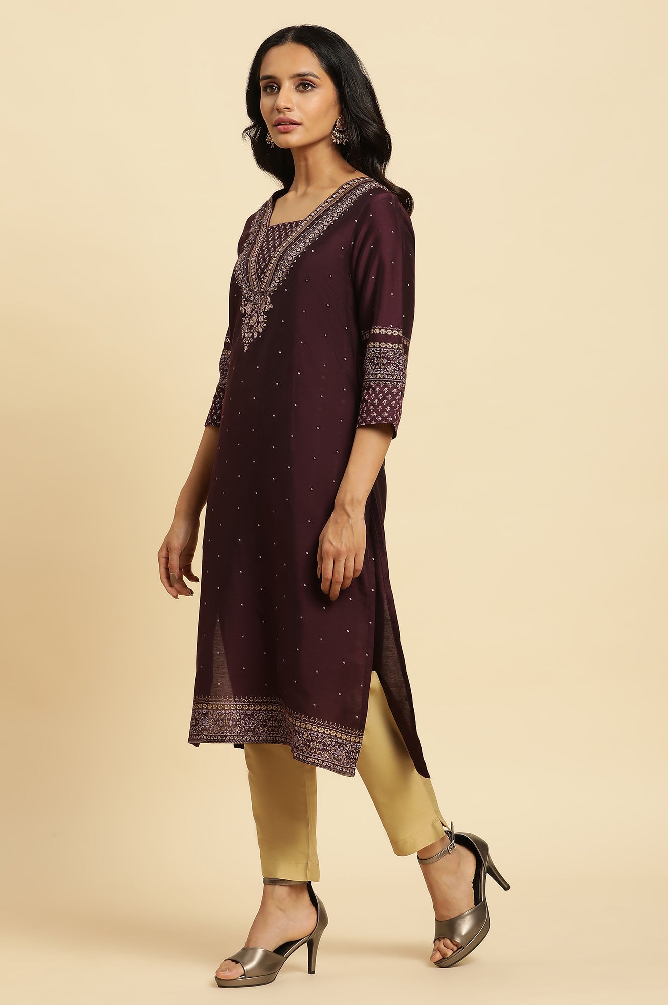 Purple Embellished Straight Festive Kurta - wforwoman